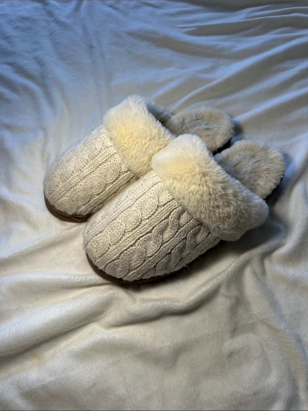 J. Crew Cable Knit Faux Fur Cuff Slippers - Cream